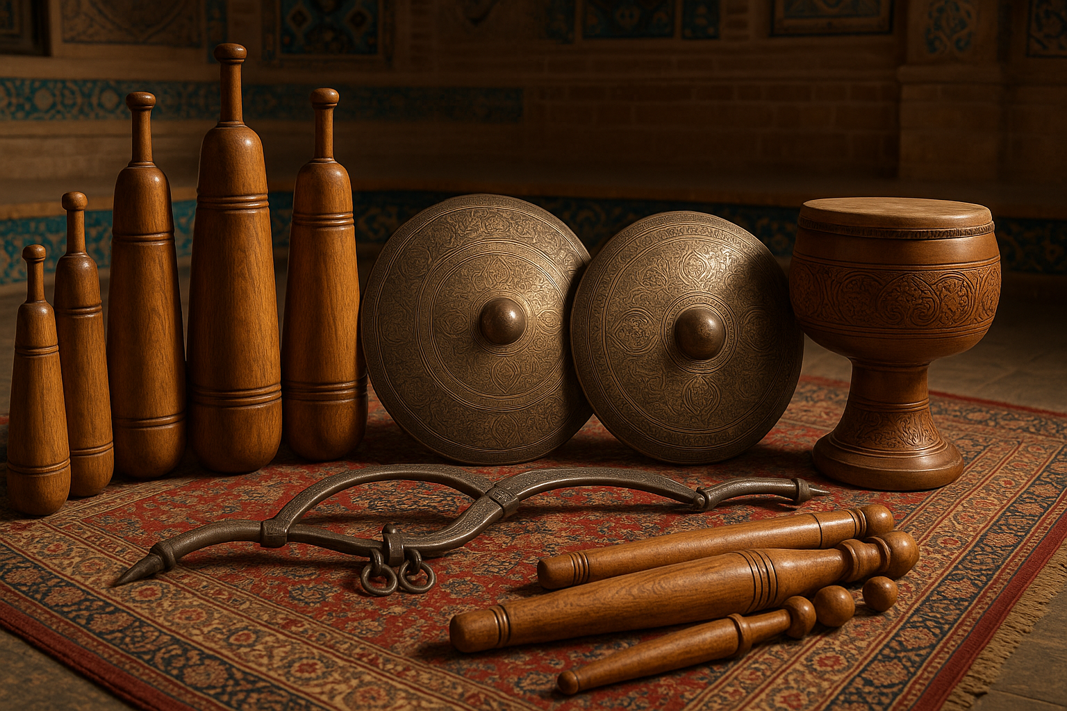 Traditional Persian Zurkhaneh equipment including wooden clubs, metal shields, and ceremonial instruments