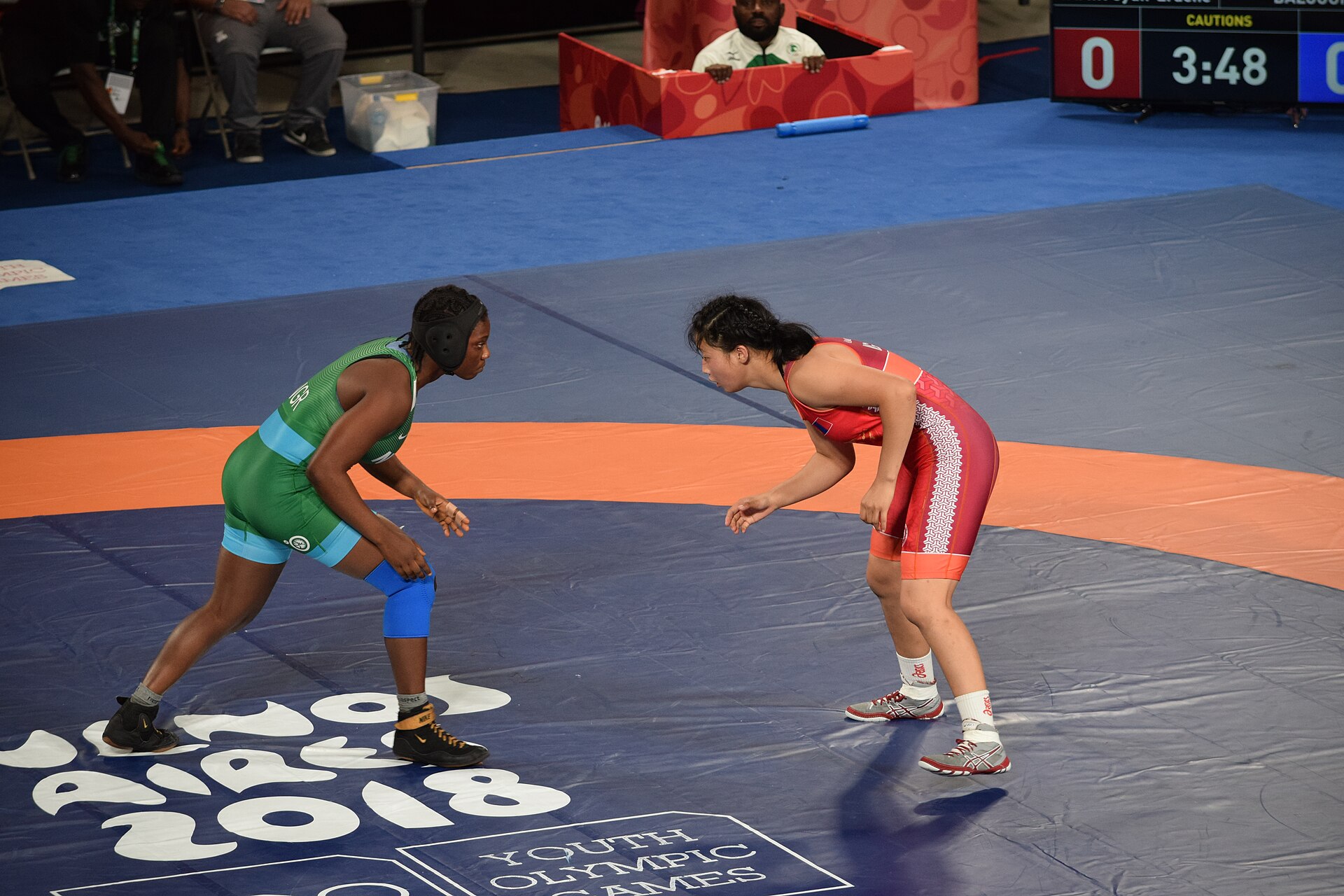 Two wrestlers grappling on a competition mat during a bout under arena lighting