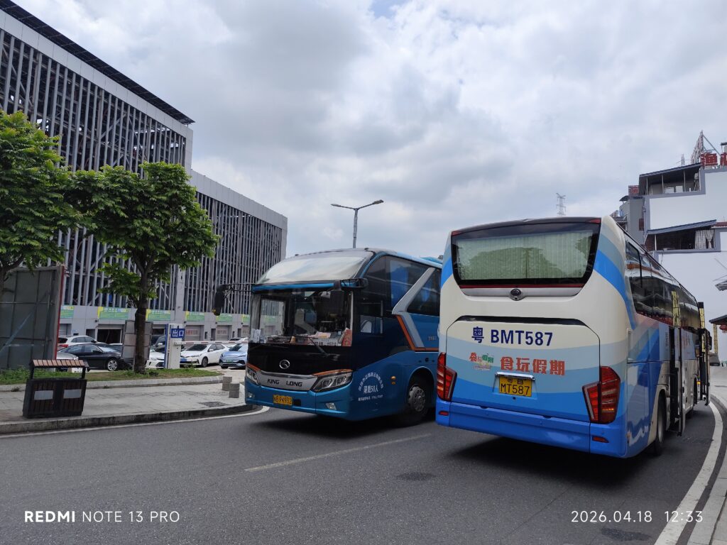 A line of long-distance buses parked on tarmac with luggage doors standing open