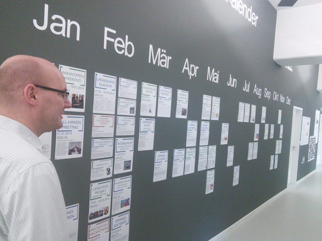A wall planner marked with coloured blocks across several months of the year